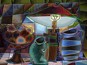 Abstract Still Life with Lamp, Pottery & Fruit