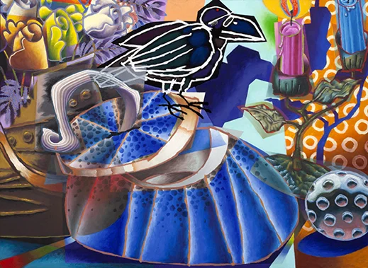 Still Life with Blue Pumpkin & Raven Painting