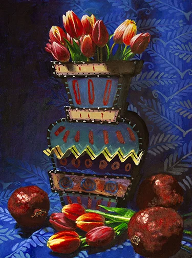 Tulips in Folk Art Vase with Pomegranates by Trowzers Akimbo